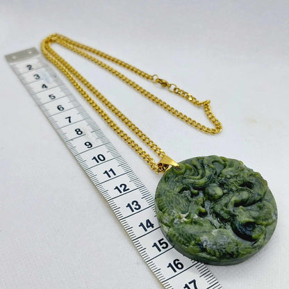 Natural Chinese Jade Dragon and Phoenix Pendant with Gold Plated Stainless Steel Chain Necklace