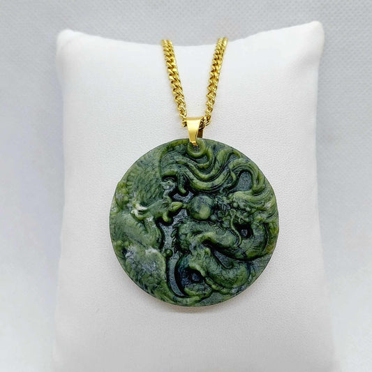 Natural Chinese Jade Dragon and Phoenix Pendant with Gold Plated Stainless Steel Chain Necklace