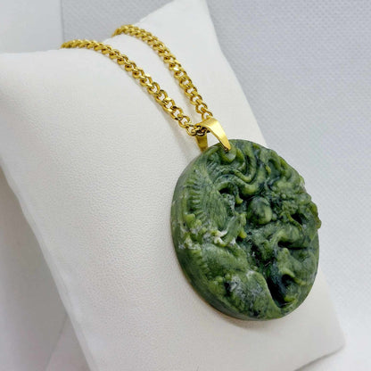 Natural Chinese Jade Dragon and Phoenix Pendant with Gold Plated Stainless Steel Chain Necklace