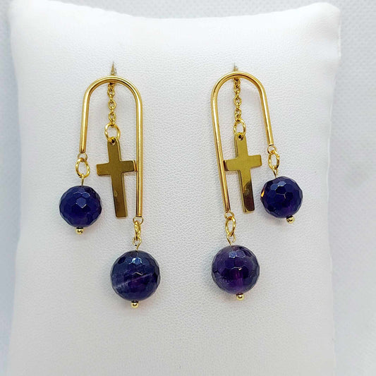 Natural Amethyst Dangle Earrings with Cross in Gold Plated Stainless Steel