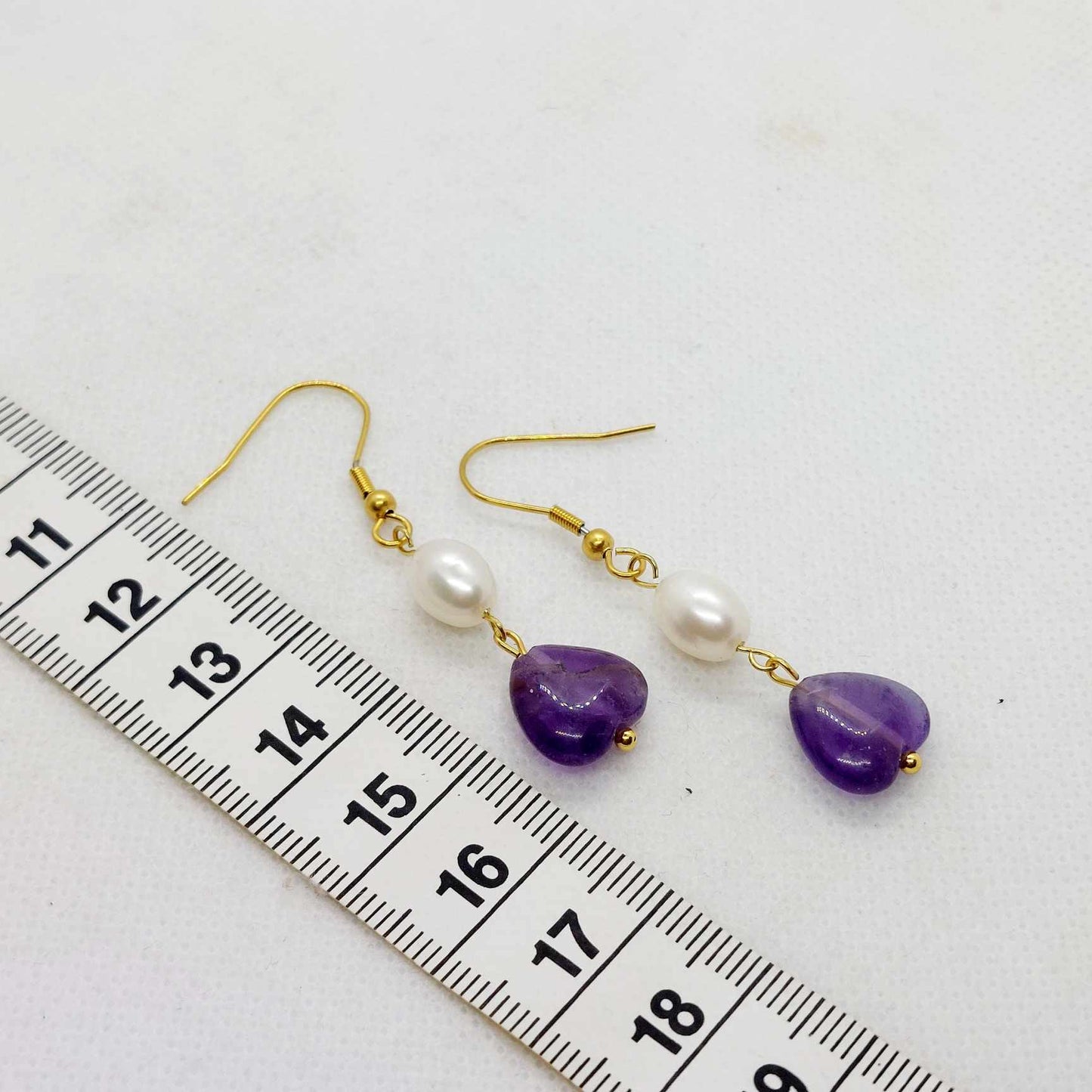 Natural Pearl and Amethyst Dangle Earrings in Stainless Steel Gold Plated