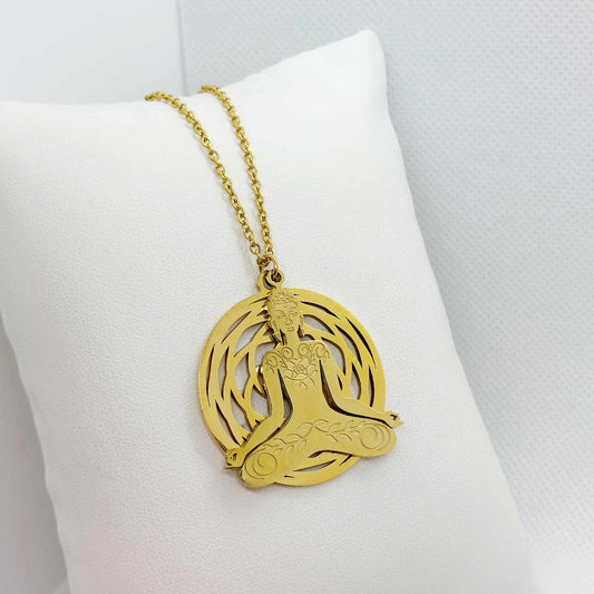 Flower of Life and Buddha Pendant In Stainless Steel with Gold Plated Chain Necklace