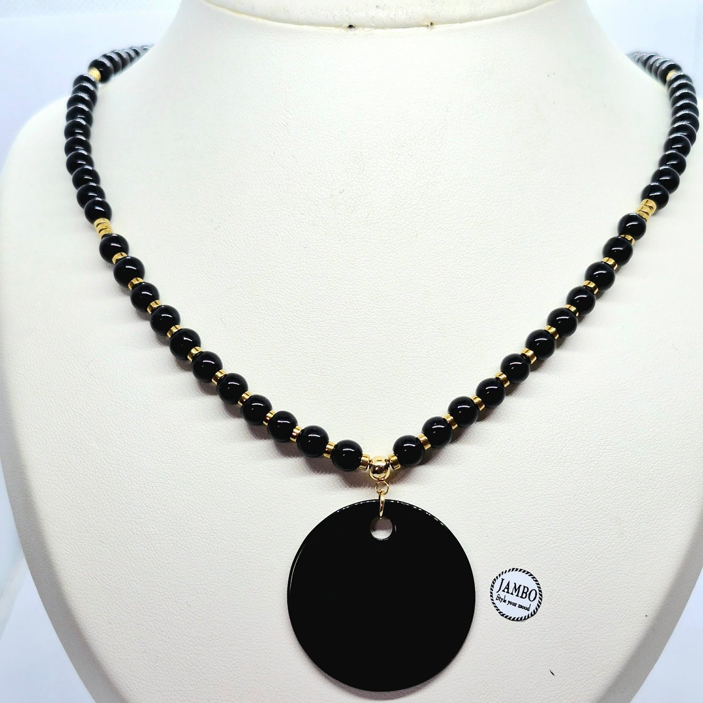 Natural Obsidian Pendant and Necklace in Gold Platted Stainless Steel