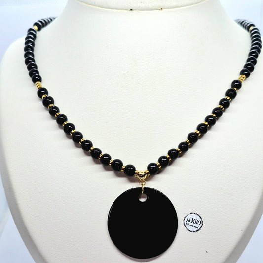 Natural Obsidian Pendant and Necklace in Gold Platted Stainless Steel