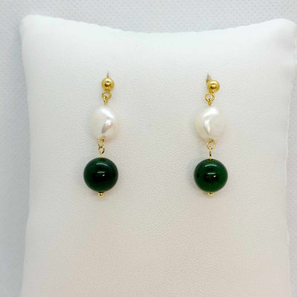 Natural Pearl and Jade Dangle Earrings in Stainless Steel