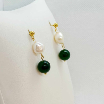 Natural Pearl and Jade Dangle Earrings in Stainless Steel