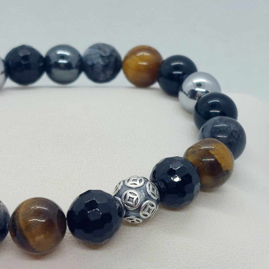 Protection Bracelet with Natural Stones of Obsidian, Onyx, Hematite, Labradorite & Tiger Eye in 10mm Stones