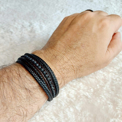 Multi Strap with Natural Stone Lava Leather Bracelets for Men
