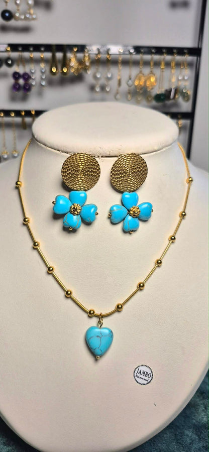 Natural Turquoise Heart Pendant with Gold Plated Stainless Steel Chain Necklace