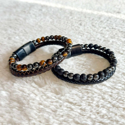 Multi Strap with Natural Stone Leather Bracelets for Men