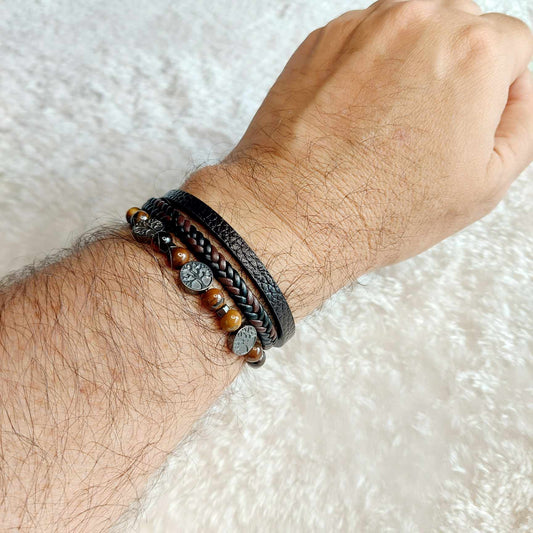 Multi Strap with Tiger Eye and Tree of Life Leather Bracelets for Men