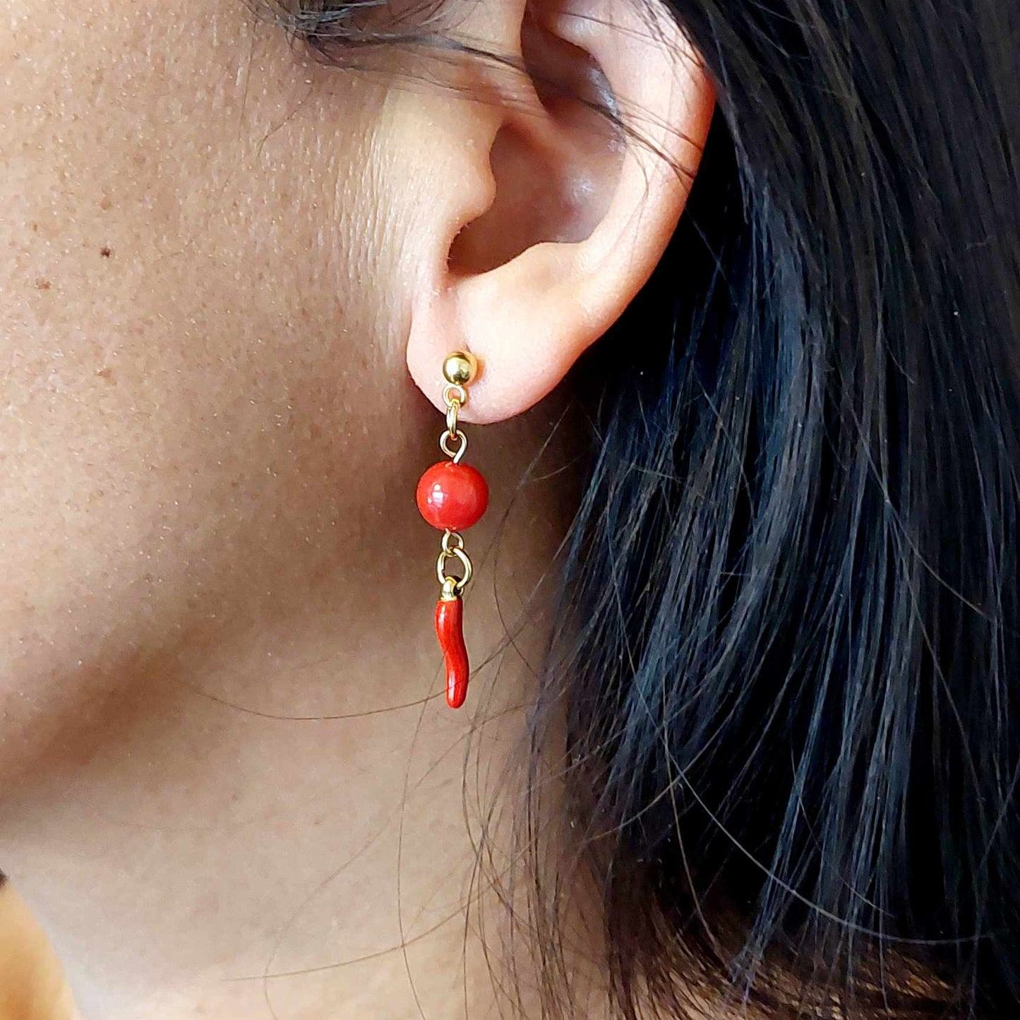 Natural Coral with Enamel Pepper Dangle Earrings in Gold Plated Stainless Steel