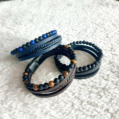 Multi Strap with Natural Stones Leather Bracelets for Men