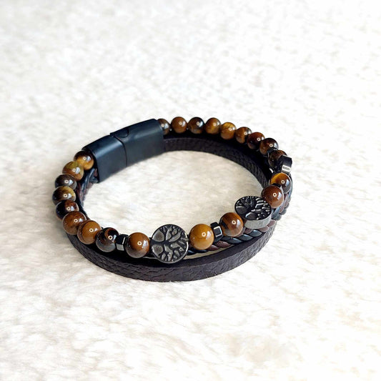 Multi Strap with Tiger Eye and Tree of Life Leather Bracelets for Men