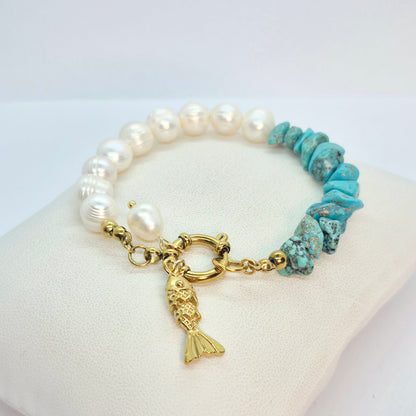 Natural Pearl and Turquoise Bracelet in 8-9mm Stones