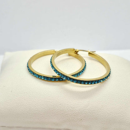 Stainless Steel Gold Plated 40mm Hoop Earrings with Colored Rhinestone