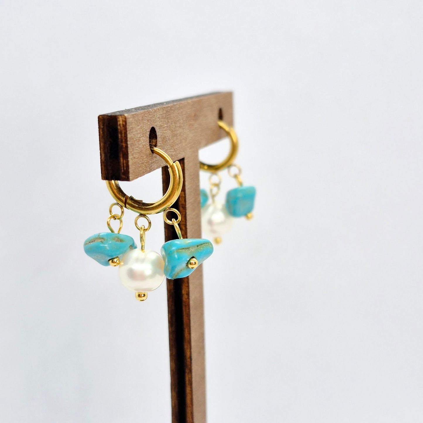 Natural Pearl and Turquoise Earrings in Gold Plated Stainless Steel