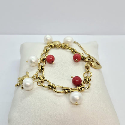 Natural Stone Bracelet with Pearls and Red Coral in 6-11mm Stones