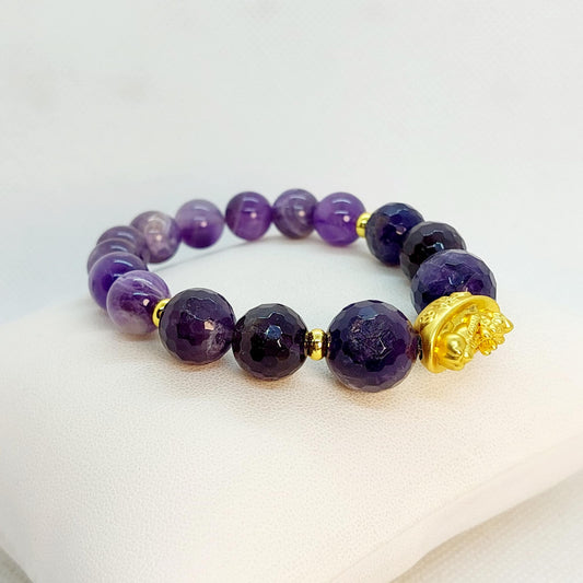 Natural Amethyst Bracelet with Money Bag Pixiu in 1O-14mm Stones