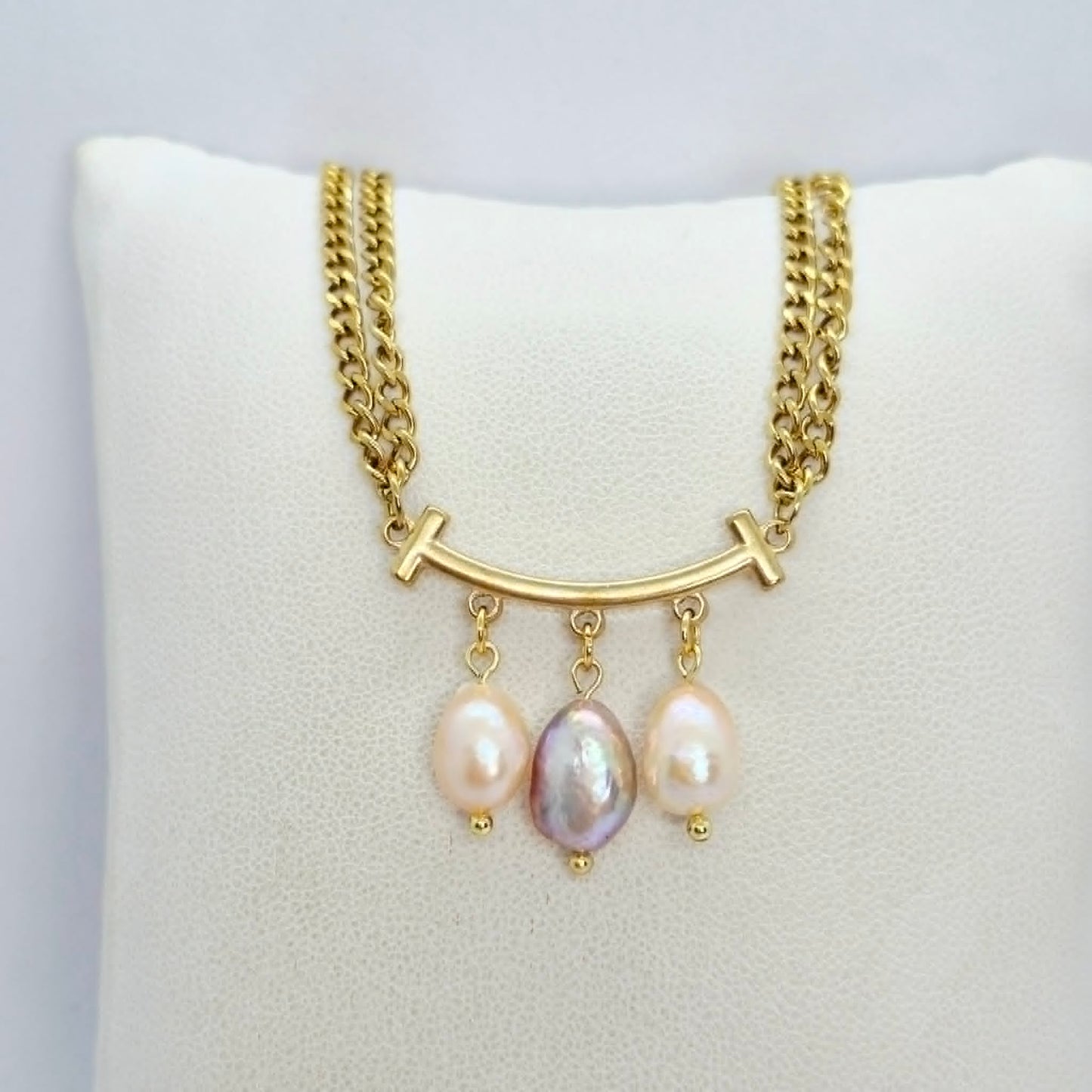 Natural Irregular Pearl Pendant with Gold Plated Stainless Steel Double Chain Necklace