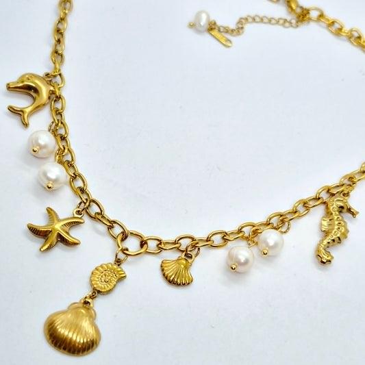 Sea Themed Necklace with Natural Pearls in Stainless Steel Gold Plating