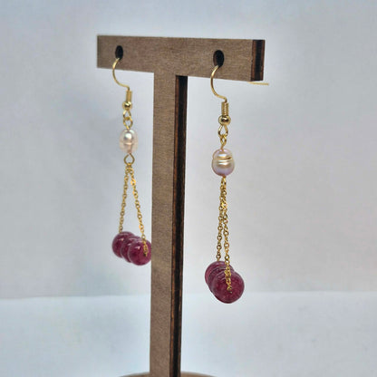 Natural Pearl and Pink Chalcedony Dangle Earrings in Stainless Steel Gold Plated