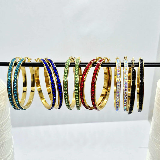 Stainless Steel Gold Plated 40mm Hoop Earrings with Colored Rhinestone
