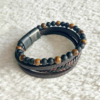 Multi Strap with Natural Stones Leather Bracelets for Men