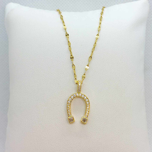 Horse Shoe in Zircon Pendant In Stainless Steel with Gold Plated Chain Necklace