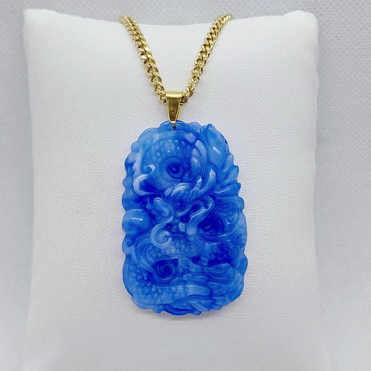 Natural Blue & White Jade Dragon Pendant with Gold Plated Stainless Steel Chain Necklace