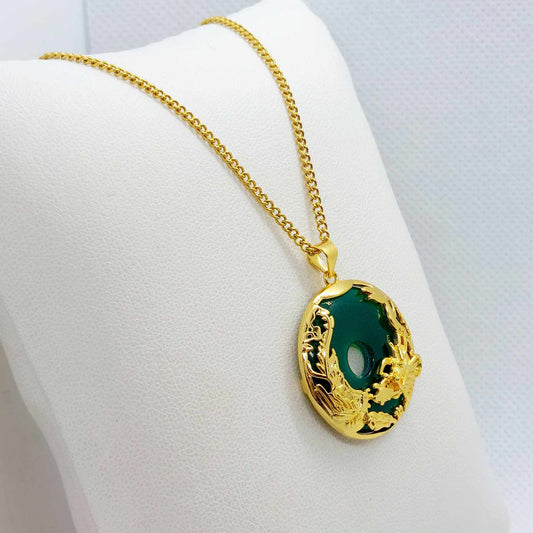 Natural Hetian Jade Dragon & Phoenix Pendant and chain necklace in Gold Plated Sterling Silver