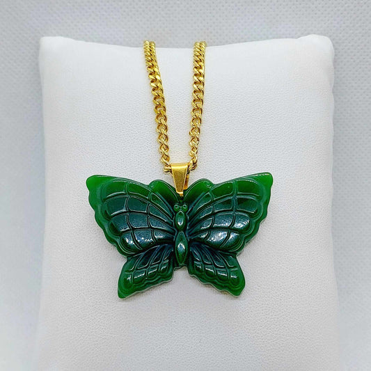 Natural Hetian Jade Butterfly Pendant with Stainless Steel Chain Necklace
