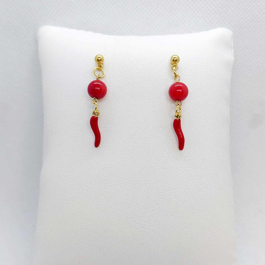 Natural Coral with Enamel Pepper Dangle Earrings in Gold Plated Stainless Steel