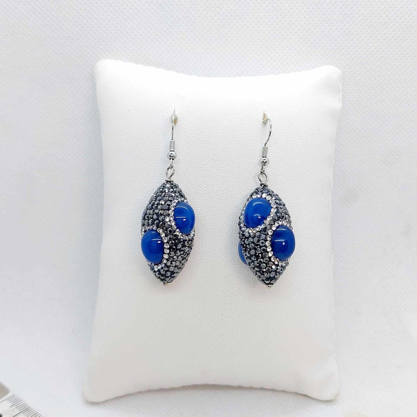 Natural Blue Agate with Black Rhinestone and Zircon Pavé Earrings in Stainless Steel