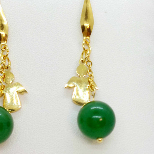 Natural Hetian Jade with Angel Dangle Earrings in Gold Plated Stainless Steel