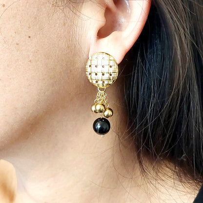 Natural Obsidian Dangle Earrings in Gold Plated Stainless Steel