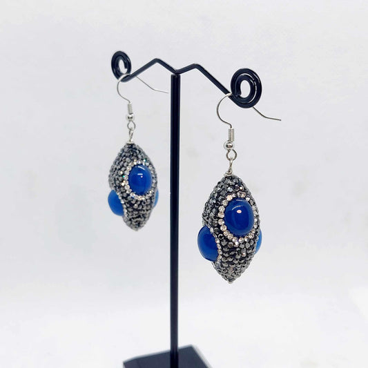 Natural Blue Agate with Black Rhinestone and Zircon Pavé Earrings in Stainless Steel