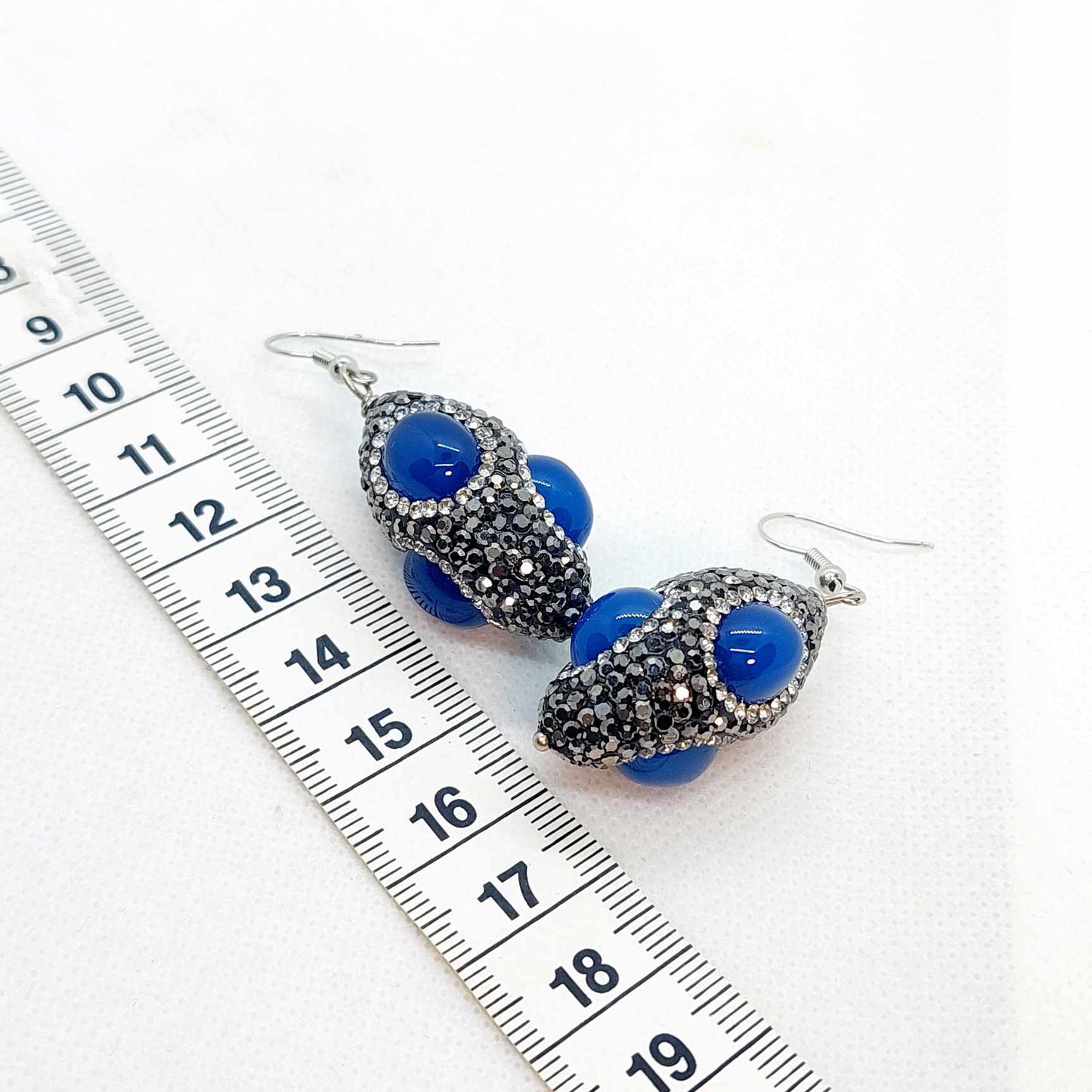 Natural Blue Agate with Black Rhinestone and Zircon Pavé Earrings in Stainless Steel