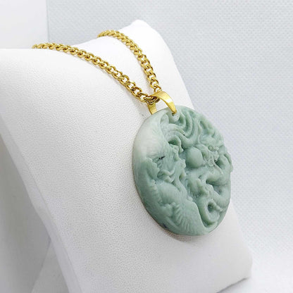 Natural Light Green Chinese Jade Dragon and Phoenix Pendant with Gold Plated Stainless Steel Chain Necklace