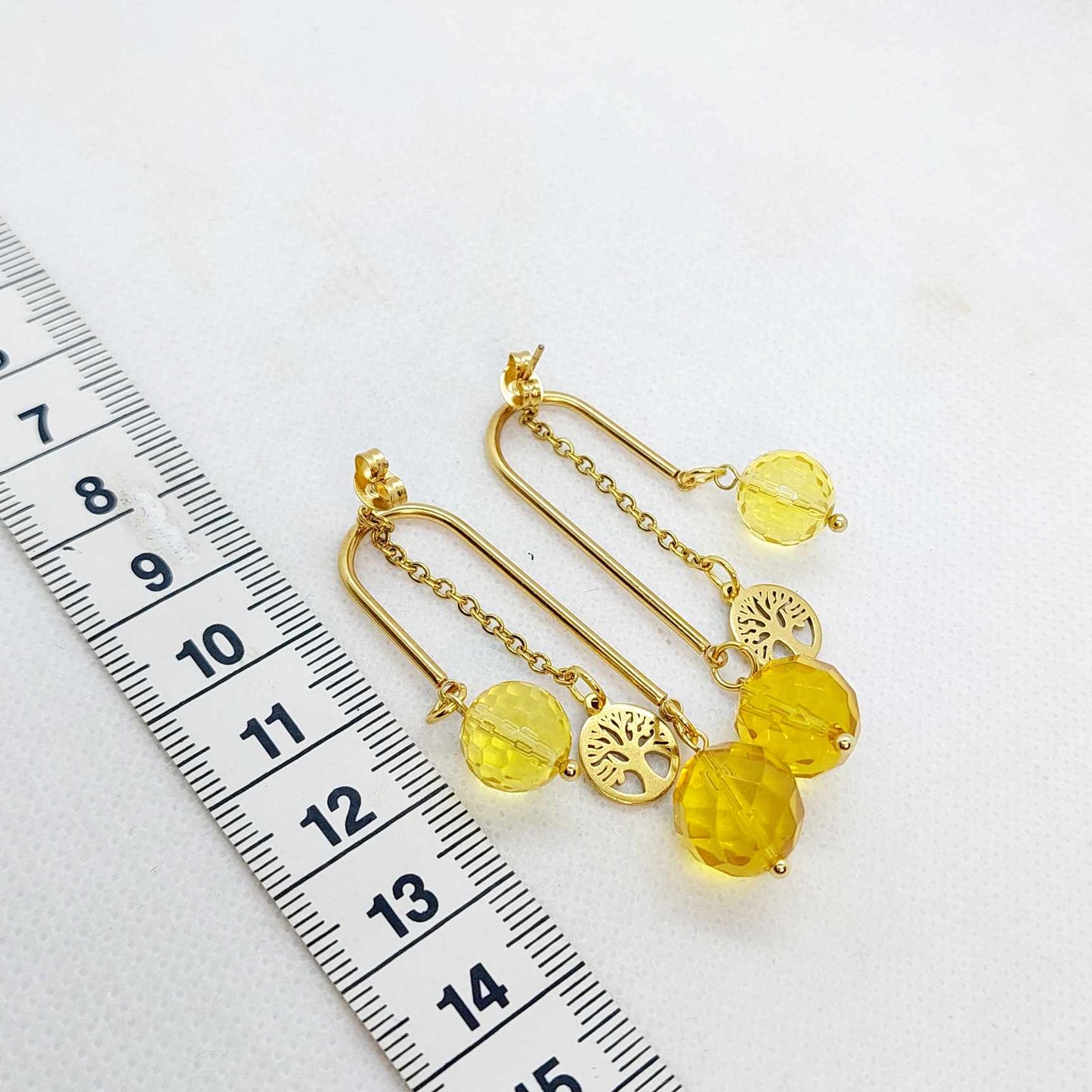 Natural Citrine Dangle Earrings with Tree of Life in Gold Plated Stainless Steel