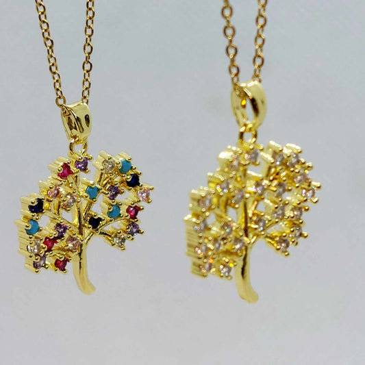 Tree of Life with Zircon Pendant In Stainless Steel with Gold Plated Chain Necklace