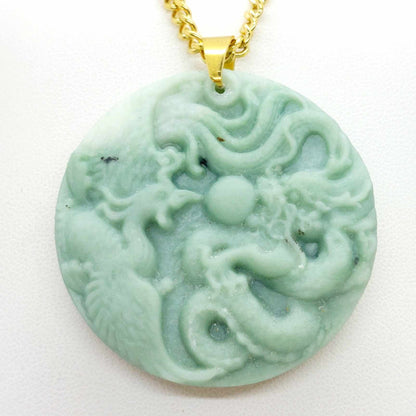 Natural Light Green Chinese Jade Dragon and Phoenix Pendant with Gold Plated Stainless Steel Chain Necklace