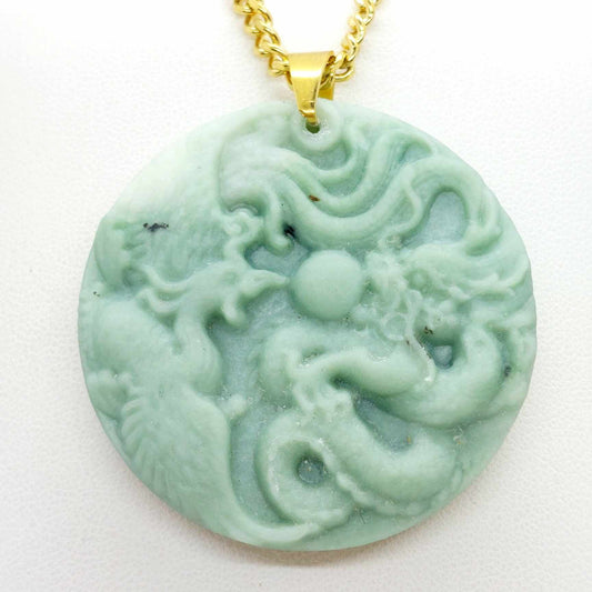Natural Light Green Chinese Jade Dragon and Phoenix Pendant with Gold Plated Stainless Steel Chain Necklace