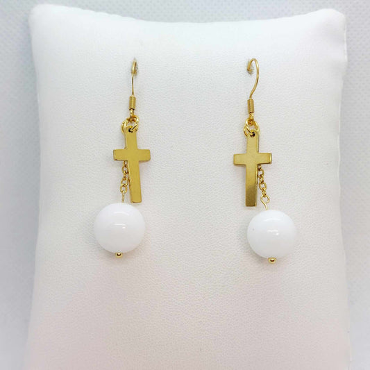 White Porcelain Dangle Earrings with Cross in Gold Plated Stainless Steel