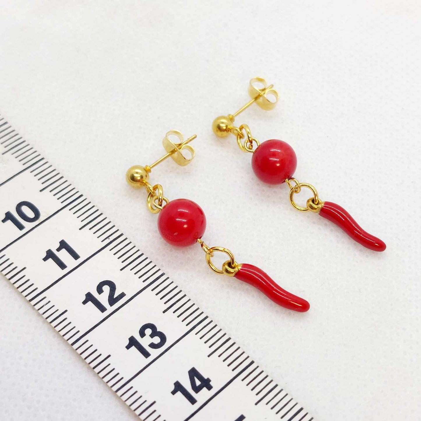 Natural Coral with Enamel Pepper Dangle Earrings in Gold Plated Stainless Steel