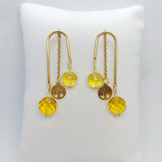 Natural Citrine Dangle Earrings with Tree of Life in Gold Plated Stainless Steel