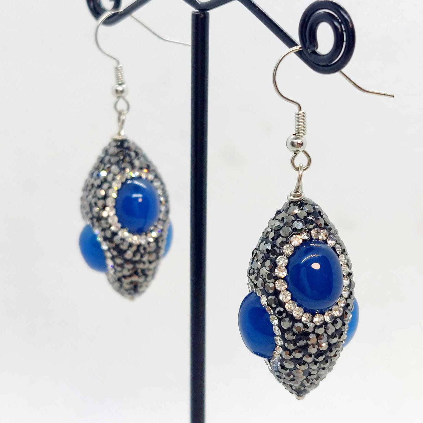 Natural Blue Agate with Black Rhinestone and Zircon Pavé Earrings in Stainless Steel