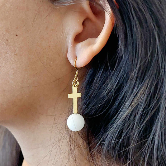 White Porcelain Dangle Earrings with Cross in Gold Plated Stainless Steel
