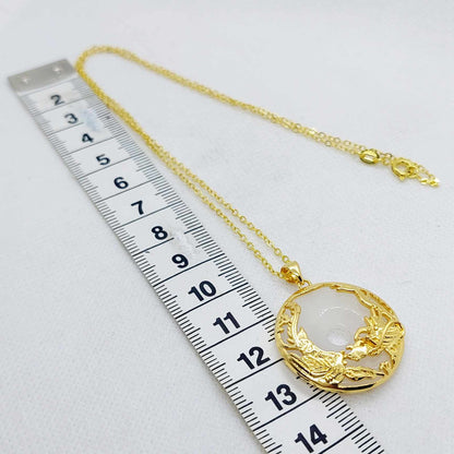 Natural White Hetian Jade with Dragon & Phoenix Pendant Necklace in Gold Plated Sterling Silver