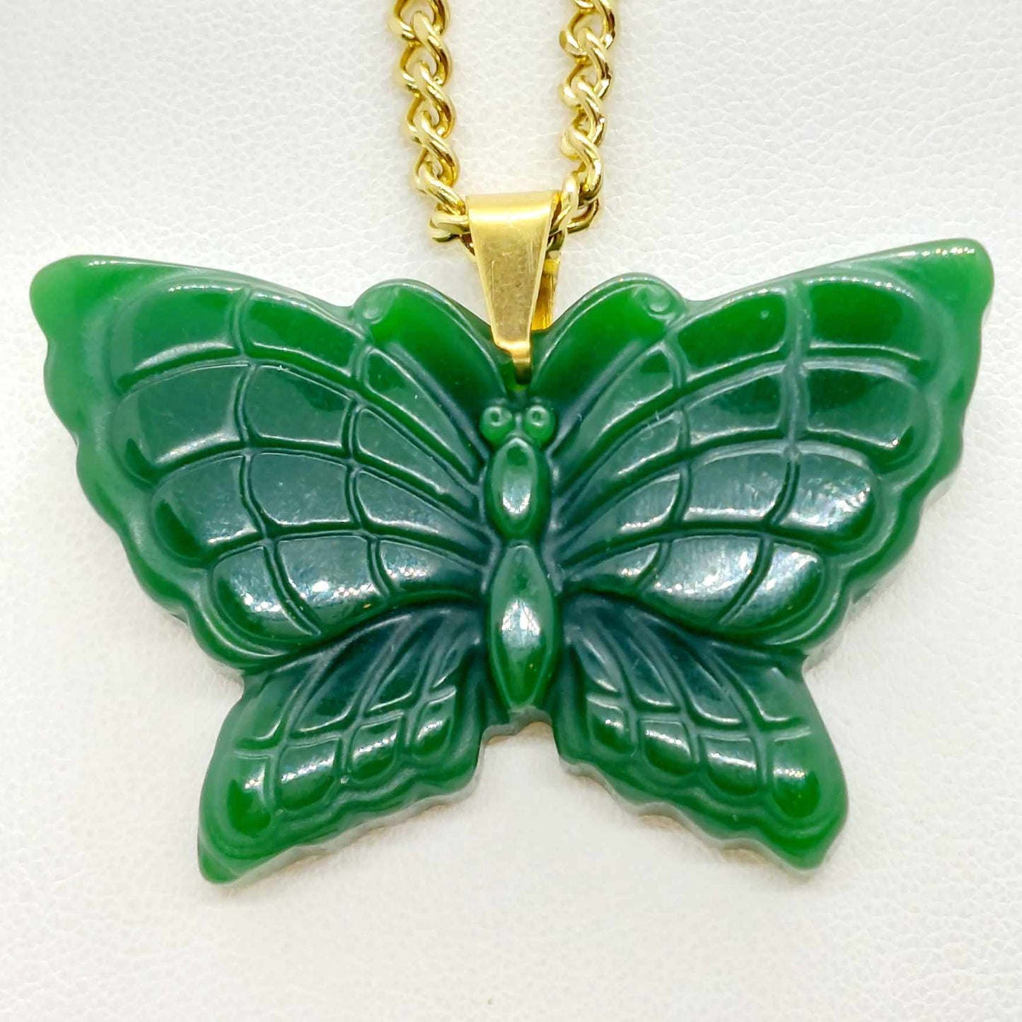 Natural Hetian Jade Butterfly Pendant with Stainless Steel Chain Necklace